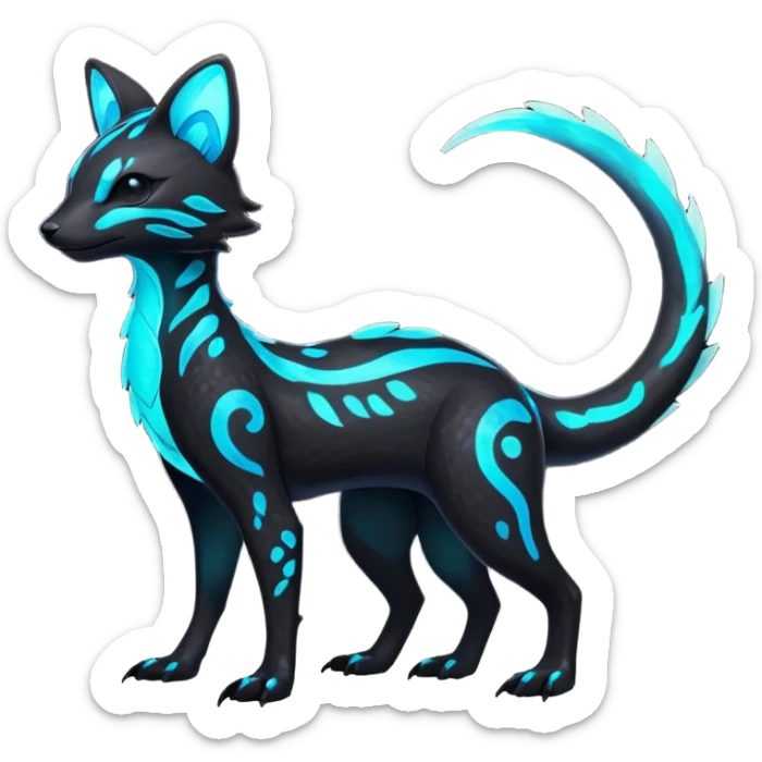 Rare realistic black dark-neon glowing bioluminescent edgy badass epic pretty beautiful handsome gorgeous aesthetic colorful vibrant Vernid-Trico-species-Fakemon-creature by LiLaiRa, 4 legs, 1 tail, random markings, (full body) sticker