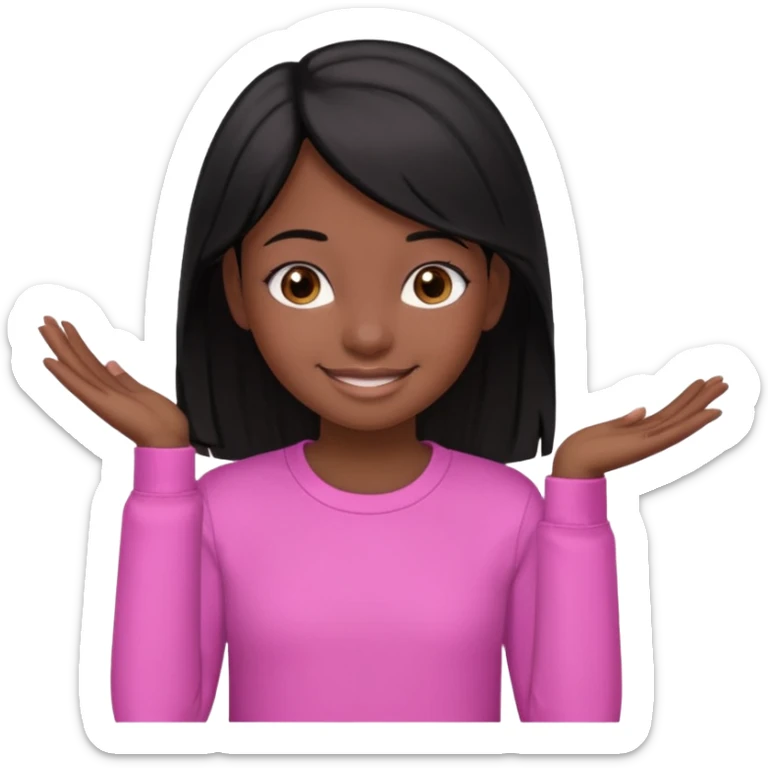 A portrait of a 14-year-old girl, he's got black hair, darkish skin and brown eyes. she's wearing a pink longsleeve. She's smiling a bit sticker