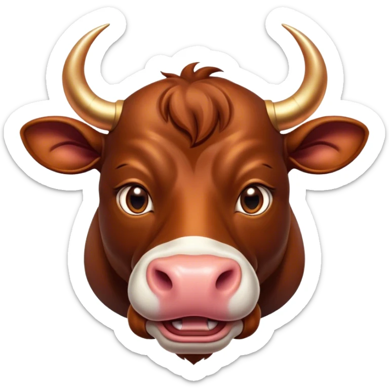 Cinematic Cute Domestic Bull Portrait Emoji, Head tilted playfully and inquisitively, with a sturdy, compact build and a smooth, polished coat of rich copper and brown hues accentuated by gently curved horns, round, sparkling eyes full of curious determination, Simplified yet irresistibly adorable features, highly detailed, glowing with a warm, friendly glow, high shine, affectionate and spirited, stylized with a touch of rustic charm, soft glowing outline, capturing the essence of a mischievous yet loving domestic bull that feels like it could trot out of the screen and into your arms! sticker