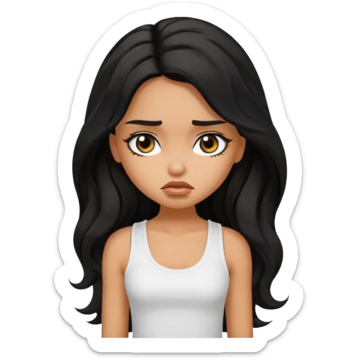 a pretty tan bratz girl with long wavy black hair, wearing a white tank topi. looking sad sticker