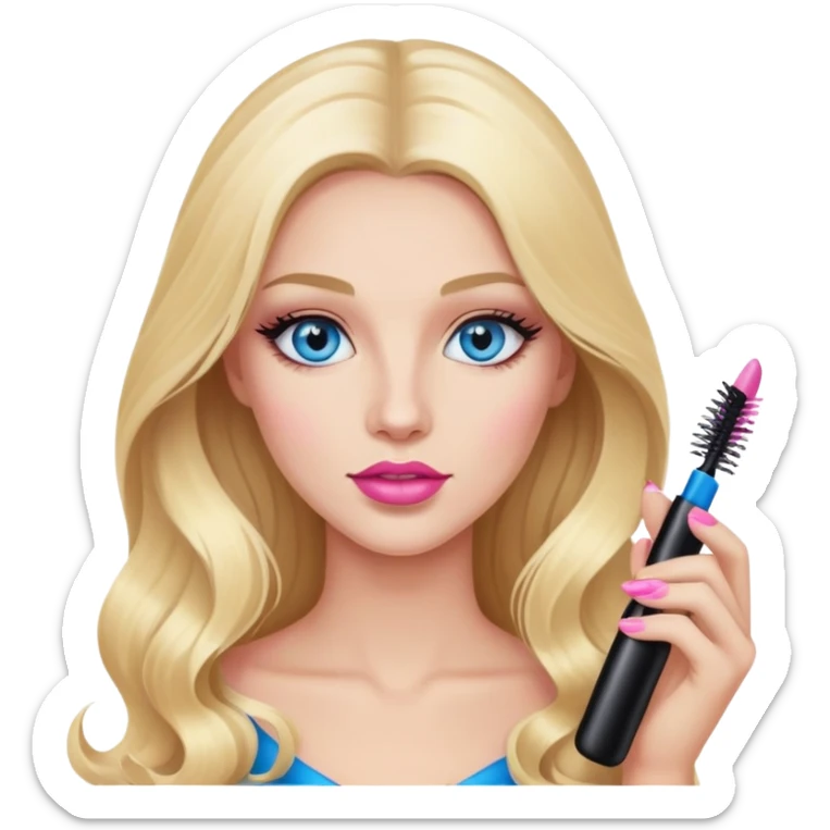 Blonde woman with long hair, blue eyes and pink lips holding mascara in her hands sticker