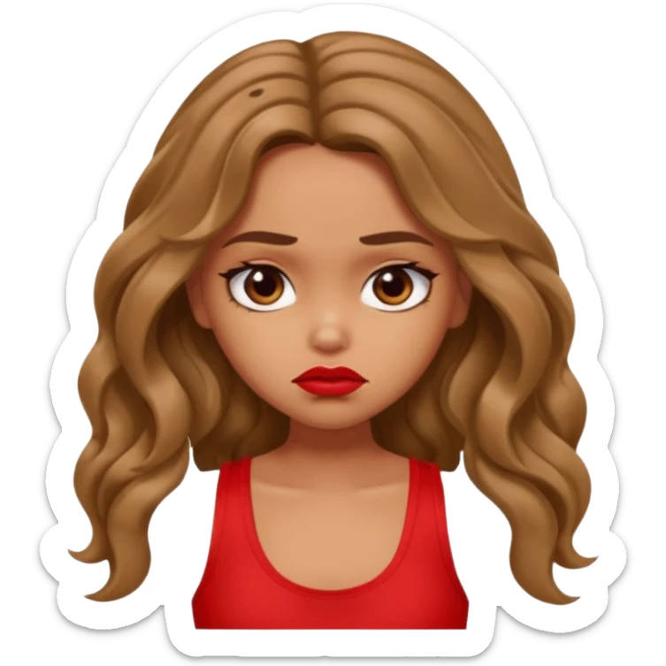 generate a pretty tan bratz girl with brown wavy hair long wearing a red tank top, red lipstick. Looking sad sticker