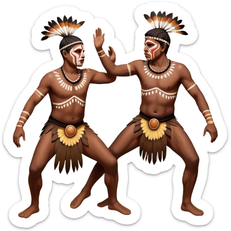 Cinematic Realistic scene of two indigenous male aboriginals performing an Aboriginal Corroboree, adorned in traditional body paint, A corroboree is an Australian Aboriginal ceremonial meeting. It usually includes celebration of Aboriginal mythology and spirituality, which is based in the Dreaming sticker