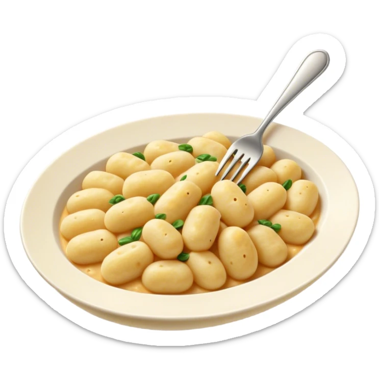 Gnocchi Cinematic Realistic Gnocchi Dish Emoji, depicted as tender oblong potato gnocchi garnished with iconic fork marks on top, rendered with soft textures and warm, inviting lighting. sticker