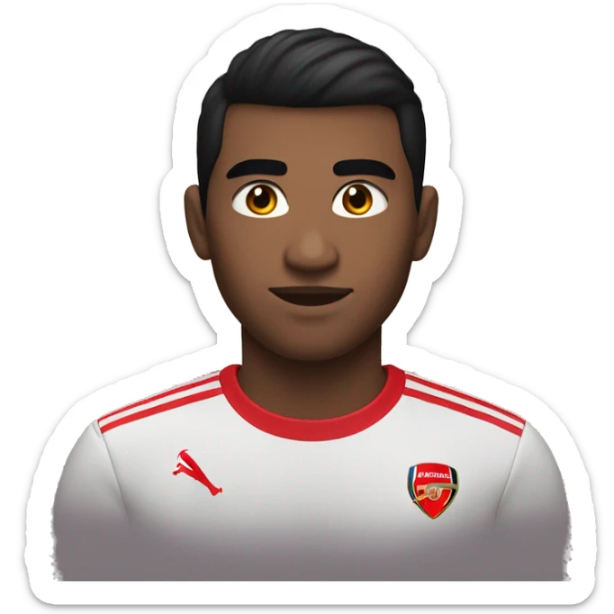 white skin 22 years old male with black hair and standard haircut also with brown eyes. Wearing an Arsenal t-shirt. Portrait mode emoji  sticker