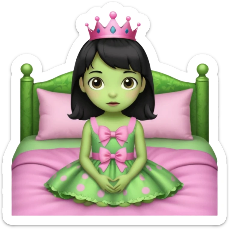 princess frog on bed pink bow with a pink dress cute girly pop black hair short baby bangs sticker