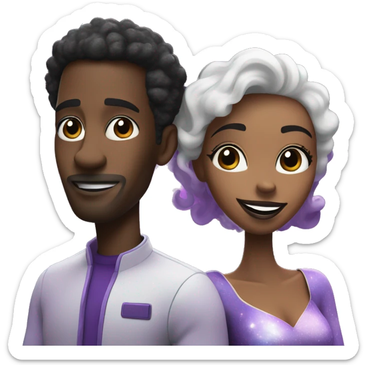 Create a photo of a black man and mixed woman who are married floating in a purple galaxy exploring together and madly in love in the cartoon style of Pixar animation sticker