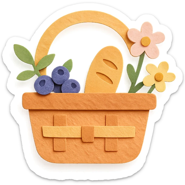 a picnic basket with berries, bread, and flowers, warm pastel shades, paper craft style sticker