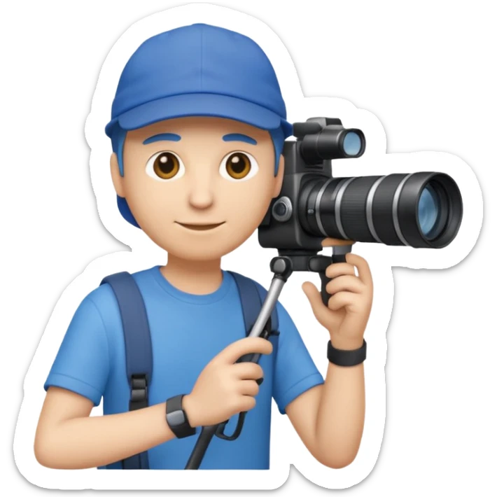 3D emoji-style icon of a photographer in side profile, wearing a blue cap backwards and a blue t-shirt, holding a professional camera with a long telephoto lens sticker
