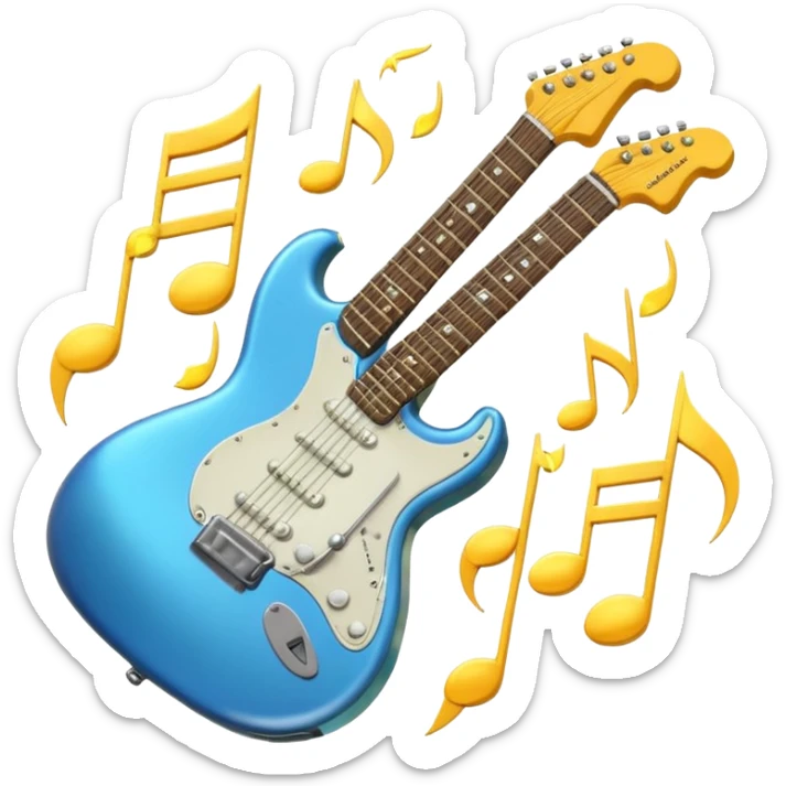 A 3D Apple-style emoji of a bold “ROCK” text written in shiny metallic letters, with an electric guitar leaning on the text, surrounded by small music notes and lightning bolts, energetic and powerful rock music vibe sticker