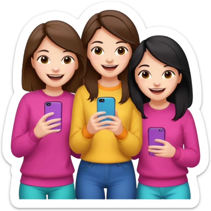 3 brown friends having fun, one with black hair, 2 with brown hair, girly style sticker