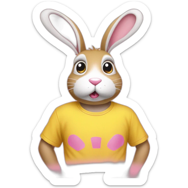 it-was-not-me,-i-am-innocent.-portrait-of-confused-nervous-pink-rabbit-raising-paws-up-in-surrender-and-staring-wearing-yellow-teeshirt sticker