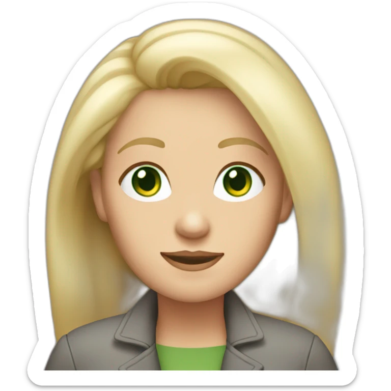 28 old women, white skin, long straight blond hair, green eyes, red shirt in a gray jacket sticker