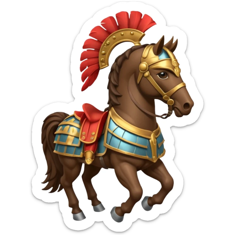 An emoji of a powerful Roman warhorse in full armor, with a feathered helmet. sticker
