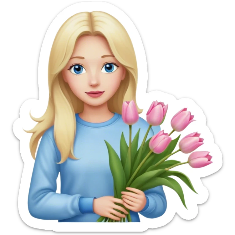Cinematic realistic blonde with long hair, blue eyes and pink lips, dressed in jeans and a white sweatshirt, holding a bouquet of tulips in her hands sticker