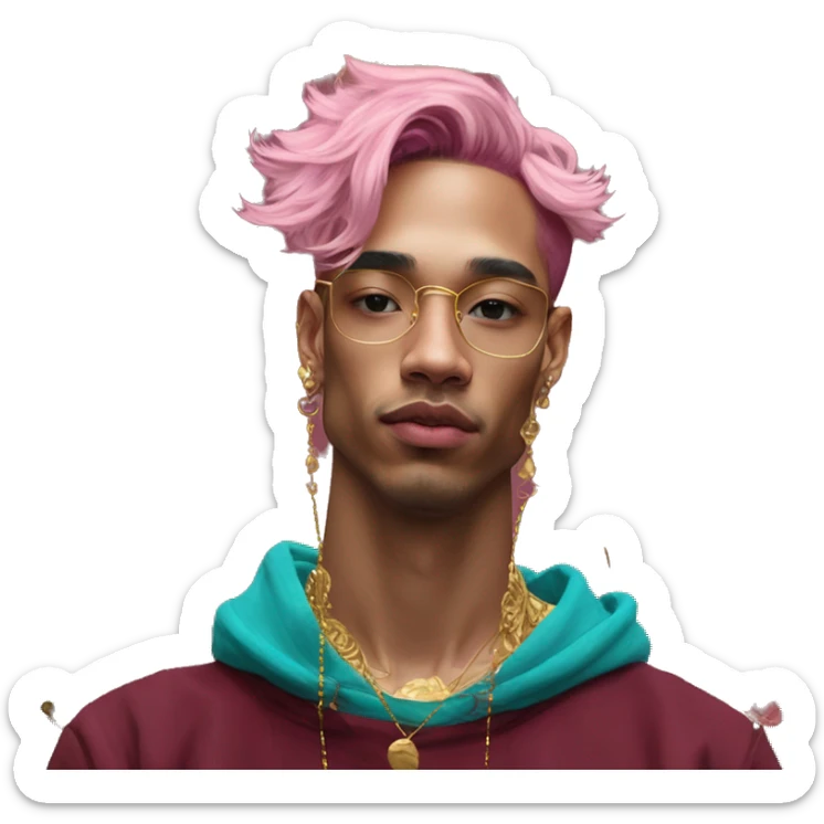 Vintage painting swirls gold jewellery baroque raven wings angel tropical Deep pink maroon burgundy cyan dark hoodie man vitiligo dyed hair gold piercings nose piercing ear piercings sticker