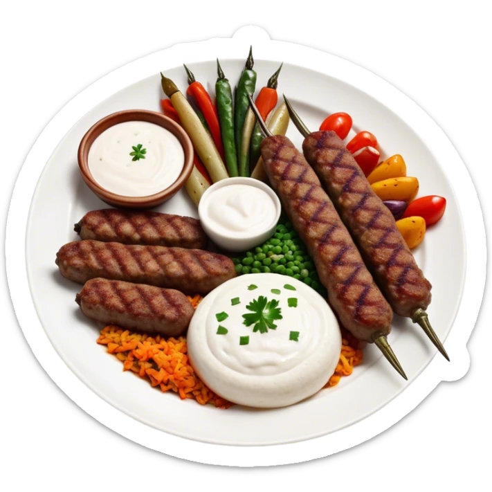 Cinematic Realistic image of a long, hand shaped Turkish Köfte, rendered with richly spiced meat textures and subtle grill marks, artfully arranged on a traditional Turkish ceramic plate alongside classic sides such as a serving of aromatic pilaf, crisp grilled vegetables, and a dollop of creamy yogurt, all bathed in warm, appetizing lighting that emphasizes its savory allure. sticker