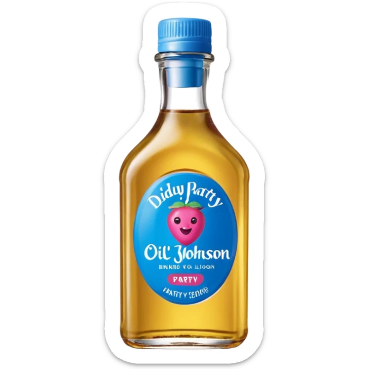 bottle of oil blue top pink outside with logo that says Diddy Party oil Johnson and Johnson  brand with a smiling berry on top sticker