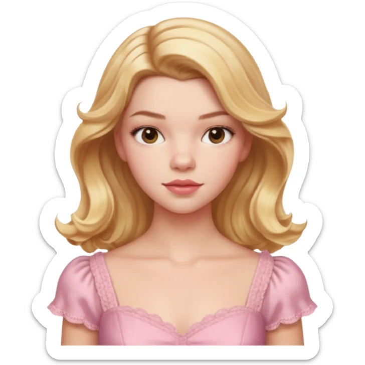 Cinematic Realistic Anya Taylor Joy Portrait, depicted with lifelike skin texture, subtle rosy undertones, and soft natural lighting that enhances the sweet blush contours of her face. Her intricately detailed golden blonde hair is elegantly wavy, and pink dress corquette sticker