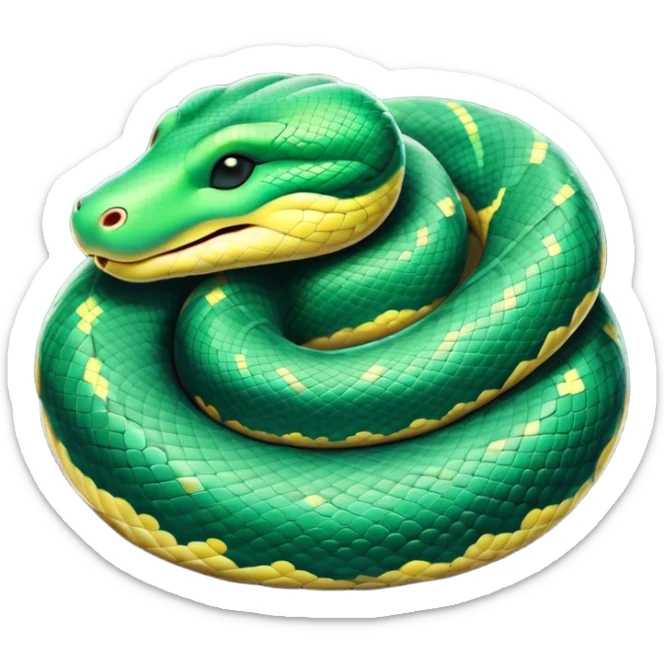 Meme-Worthy cute Sleeping Anaconda Portrait Emoji, Body coiled in a relaxed, peaceful slumber with a contented expression and softly closed eyes, showcasing intricately patterned scales and a serene demeanor, Simplified yet hilariously adorable features, highly detailed, glowing with a soft, drowsy jungle light, high shine, relaxed and utterly lovable, stylized with an air of playful laziness, bright and heartwarming, soft glowing outline, capturing the essence of a sleeping serpent that feels destined to become the next viral sensation of adorable rest! sticker