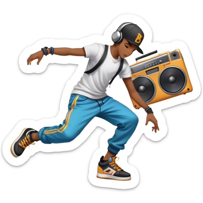 Icon for Street Dance: a dancer in urban streetwear performing a dynamic lower breakdance move, with a spray-painted background and a boombox on the asphalt. The icon should capture the energy, style, and creativity of street dance culture. Transparent background. sticker