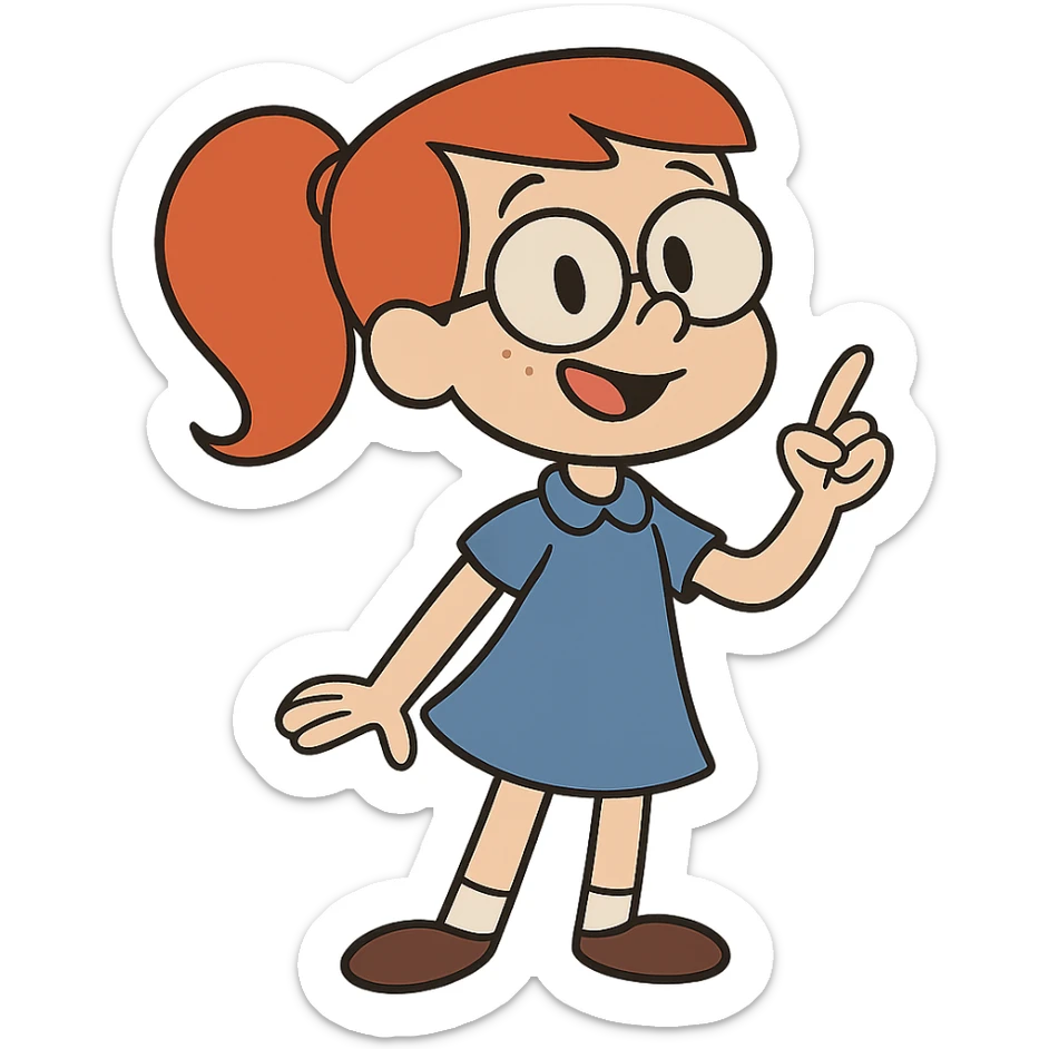 Little Suzy from Johnny Bravo, smart young girl with red hair, blue dress, cartoon style sticker