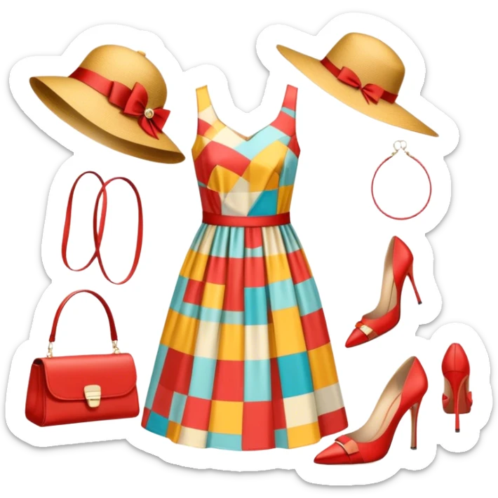 Icon for Fashion Design: a pattern of a bright, beautiful dress with measurements, a ruler, and pencil, along with a hat, shoes, and a handbag. The icon should represent fashion design with attention to detail and style. Transparent background. sticker