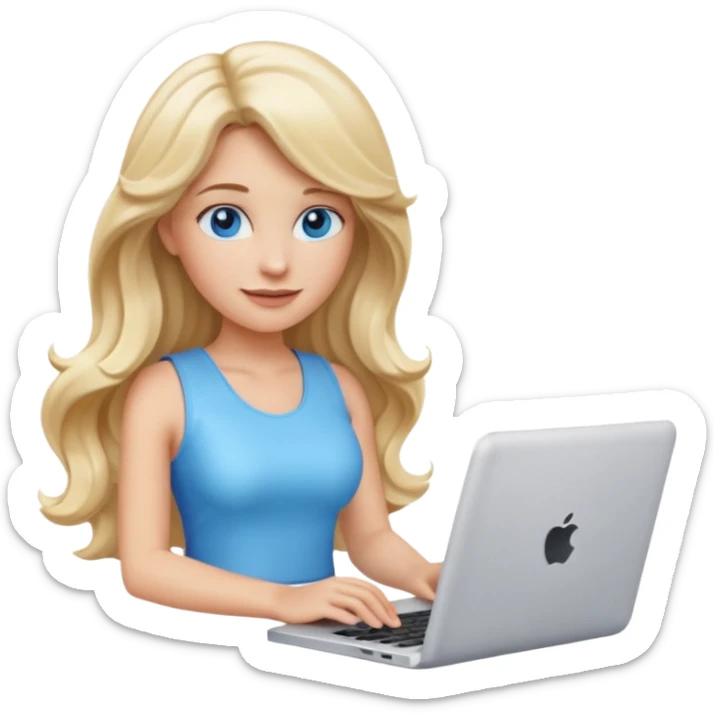 3D Apple-style emoji of a blonde woman whits long wavy hair, with bright blue eyes,
wearing a white sleeveless top,
holding a silver laptop,
clean white background, smooth rounded design
 sticker