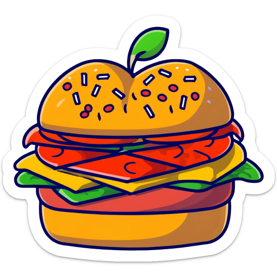 A burger with pizza toppings, french fries sticking out the sides, and apple slices as garnish sticker