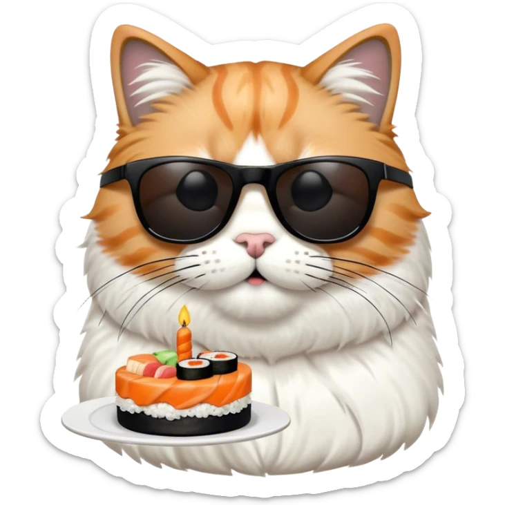 cool cat wearing sunglasses eating a birthday cake made out of sushi sticker