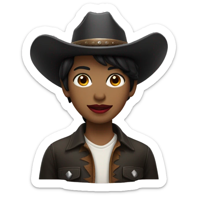 straight black hair,red lipstick,hazel eyes, white skin, a small nose and a cowboy hat  sticker