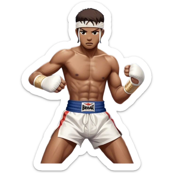 ​Cinematic Realistic Traditional Muay Thai Fighter such as Buakaw Banchamek, depicted in authentic attire featuring white bandaged gloves wrapped around his fists, a traditional headband tied neatly, and classic Muay Thai shorts, captured in a dynamic fighting stance under dramatic, high-energy lighting that highlights the raw power and elegance of the art, sticker