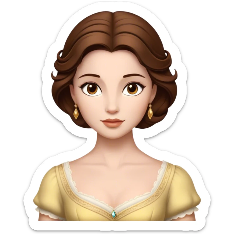 Cinematic Realistic Belle Portrait, depicted with lifelike skin texture, soft natural lighting, and intricately detailed brown hair styled elegantly. Her deep, expressive eyes exude warmth and intelligence, complemented by a serene and graceful expression. She is dressed in her classic attire, with rich fabric textures and delicate folds that catch the light beautifully. The portrait features a soft, enchanting glow with a natural, radiant finish, capturing the essence of timeless beauty in a realistic and painterly style, evoking a sense of depth and authenticity. sticker