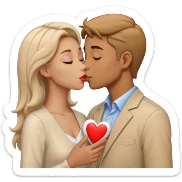 A man in pale beige clothes and a woman in pale beige clothes are kissing with white hearts sticker