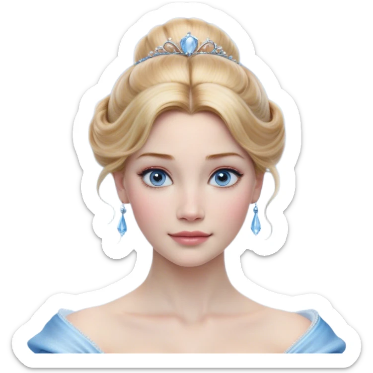 Cinematic Realistic Cinderella Portrait, depicted with lifelike skin texture, subtle rosy undertones, and soft natural lighting that enhances the gentle contours of her face. Her intricately detailed golden blonde hair is elegantly styled in an updo, with delicate wisps framing her face for added realism. Her deep, expressive blue eyes radiate warmth and sincerity, reflecting a quiet resilience and grace. She is dressed in her iconic ball gown, the fabric shimmering with intricate embroidery and fine translucent layers that catch the light beautifully. The soft sheen of satin gloves and the delicate sparkle of a glass-like slipper peeking from beneath her dress add a touch of magical realism. The portrait features an enchanting glow with a natural, luminous finish, seamlessly blending realism and fairytale charm to evoke a sense of depth, elegance, and timeless beauty. sticker