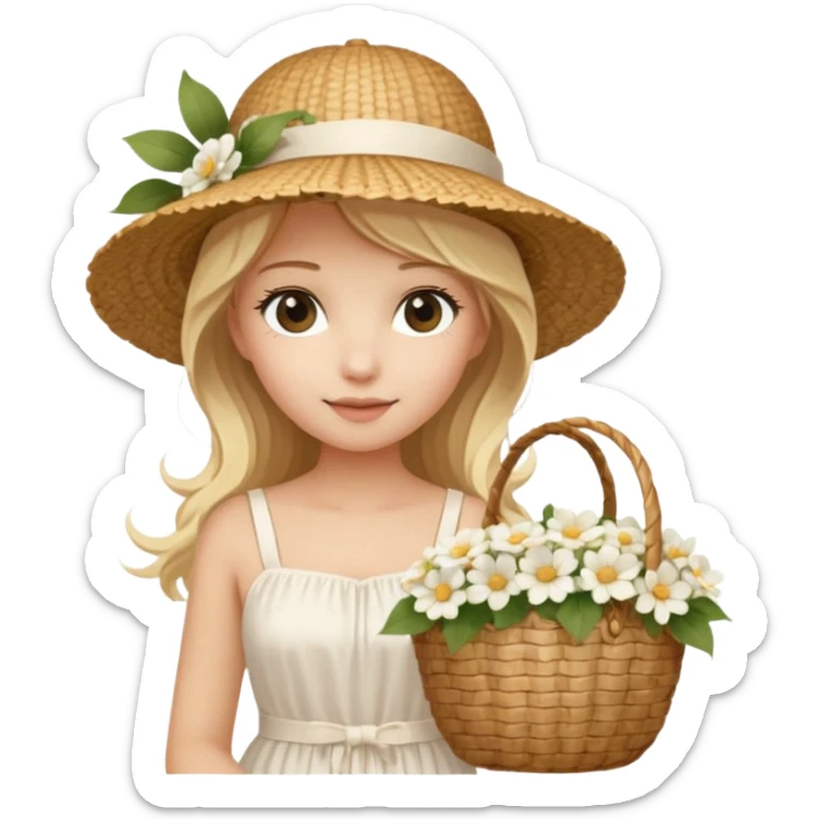 summer beautiful wicker hat, beach beige bag and bouquet of white flowers and blonde girl in Italy white dress sticker