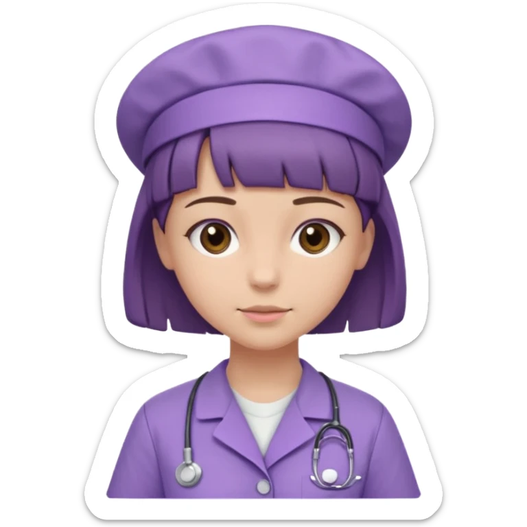 A young female slim nurse with short Brown hair with fringe over her forehead, wearing larvendar purple working cloth, show her hair style without any head wear sticker