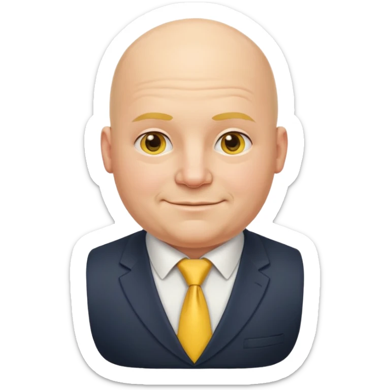 European boss emoji, fat, bald, gentle smile, wearing yellow tie and vest sticker