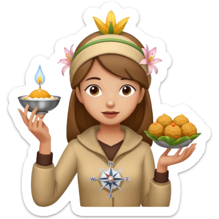 create an image similar to an emoji of a pinni / laddoo as an assamese girl navigating using a compass. She also has a lily on her head. Do not make her very human sticker