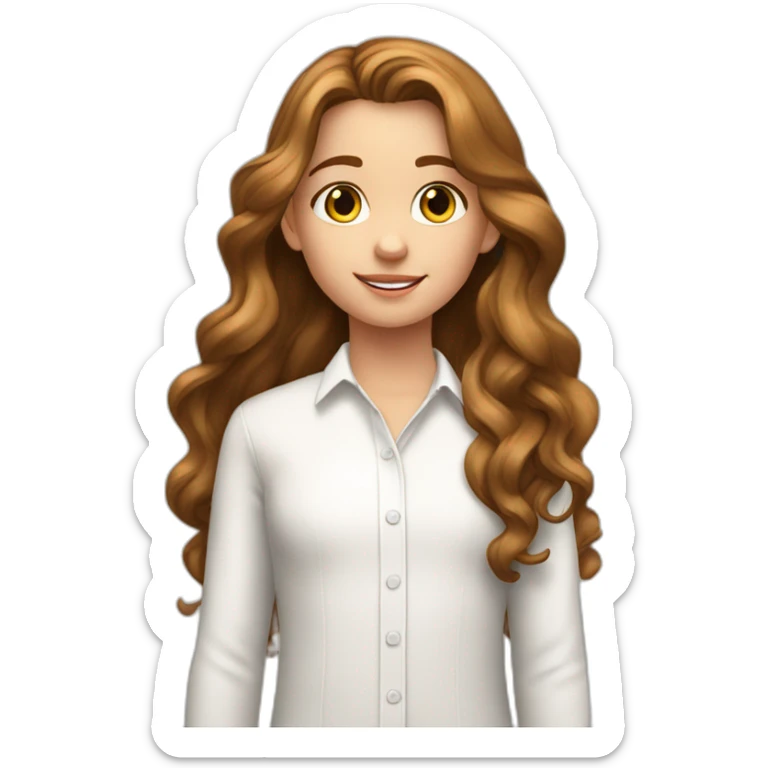 9 year old white girl with realy long brown waivy hair wearing a white shirt with black letters sticker