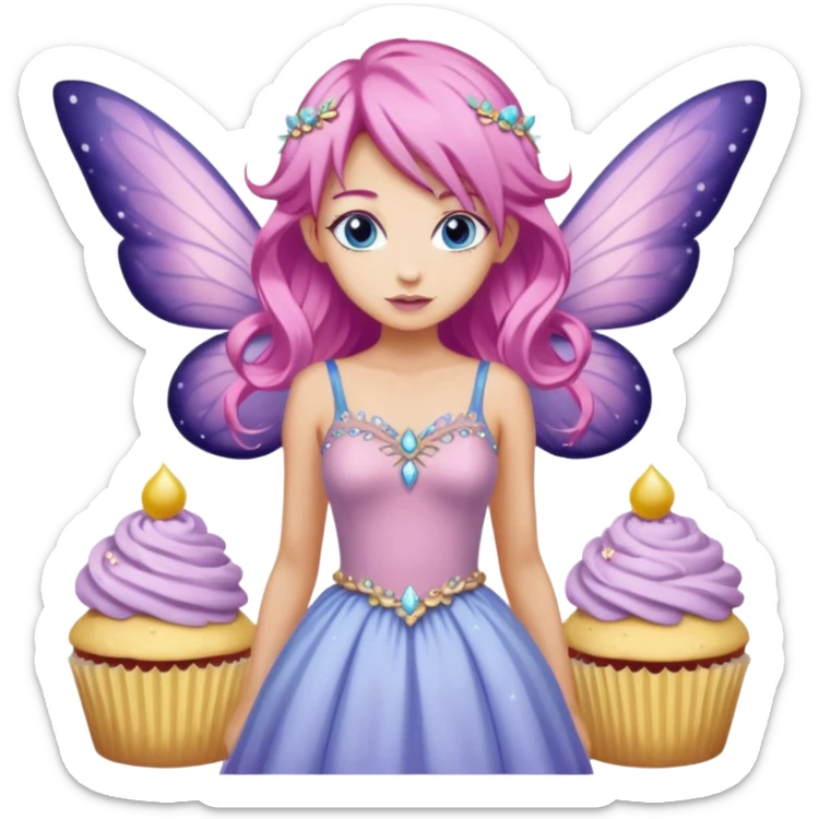 beige fairy cupcakes with yellow frosted icing on top and a enchantress fairy with tanned skin and pink hair and lilac wings and blue eyes wearing a dusky pink embellished gown decoration sticker