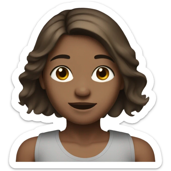 Brown hair girl with middle part and straight hair, light skin and brown eyes. Black tank top and waving sticker
