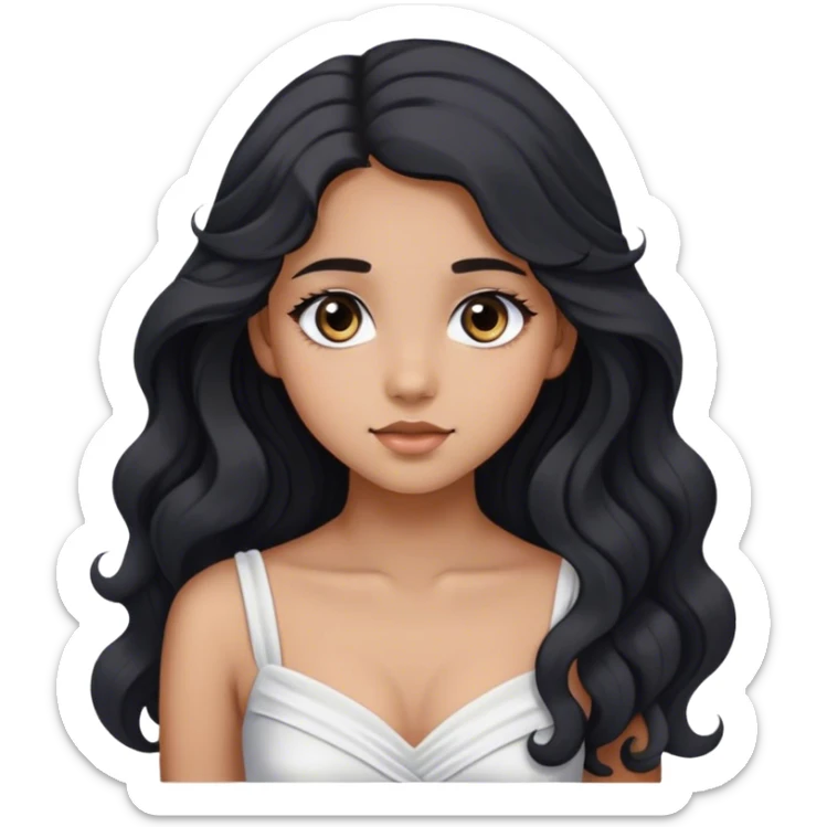 beautiful and pretty 16-year-old woman with big eyes, long wavy black hair, gray eyes, wearing a white dress, and posing slightly diagonally. sticker