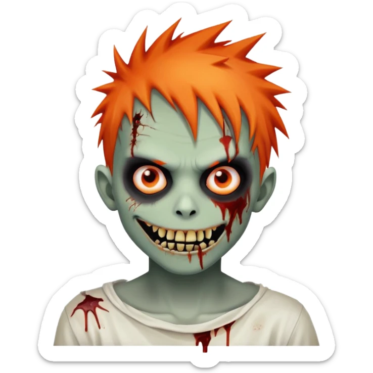 boy zombie with orange skin, orange spikey emo hair, black and red eyes, bloody smile, intense expression sticker