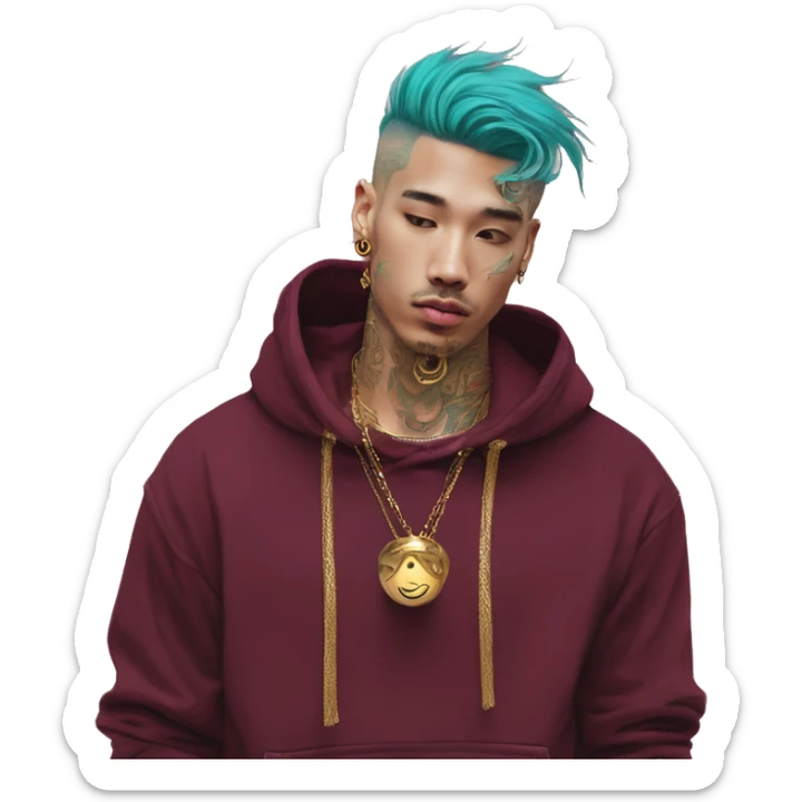 Vintage grunge patina intricate swirls gold jewellery baroque golden sparkle tropical Deep pink maroon burgundy cyan dark hoodie man dyed hair gold piercings nose piercing ear piercings sticker