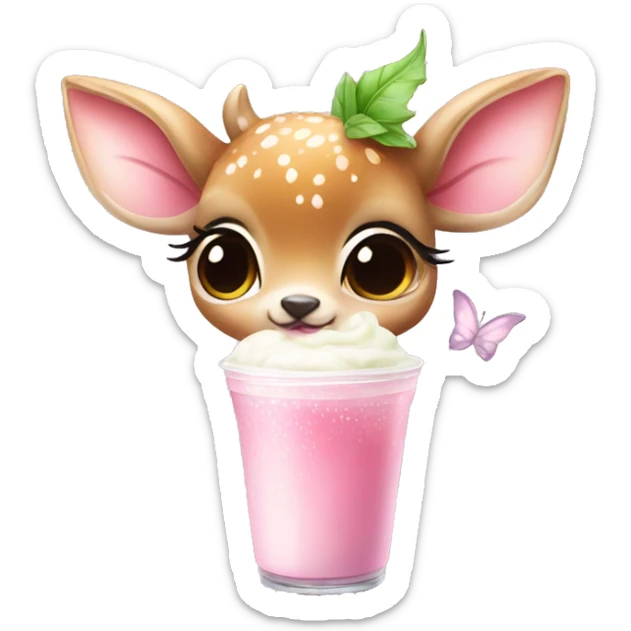 baby deer with fairy wings and a pink bow around its neck drinking iced matcha latte  sticker