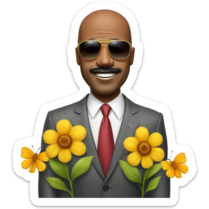 Steve Harvey with a butterfly on his head and sunglasses with a sun and flowers sticker