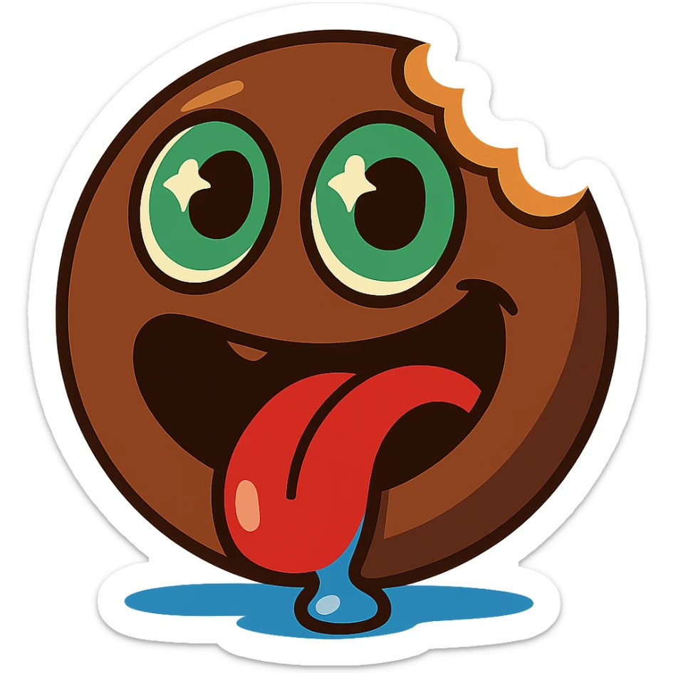 bold fun cartoon emoji mascot, round chocolate brown face, big green eyes with sparkles looking upward, goofy open mouth with a bite out of the side, long red tongue, shiny blue drool dripping and pooling, exaggerated hungry expression, glossy finish, white background sticker