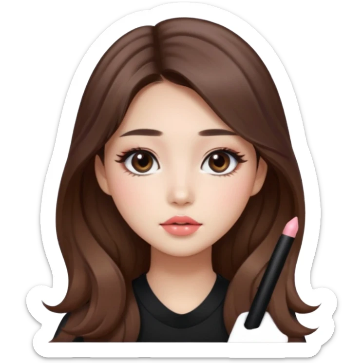 “korean straight brown hair Emoji girl, soft eyeliner and blush, gradient lips, light brown shimmer eyeshadow, long wavy hair,  sticker
