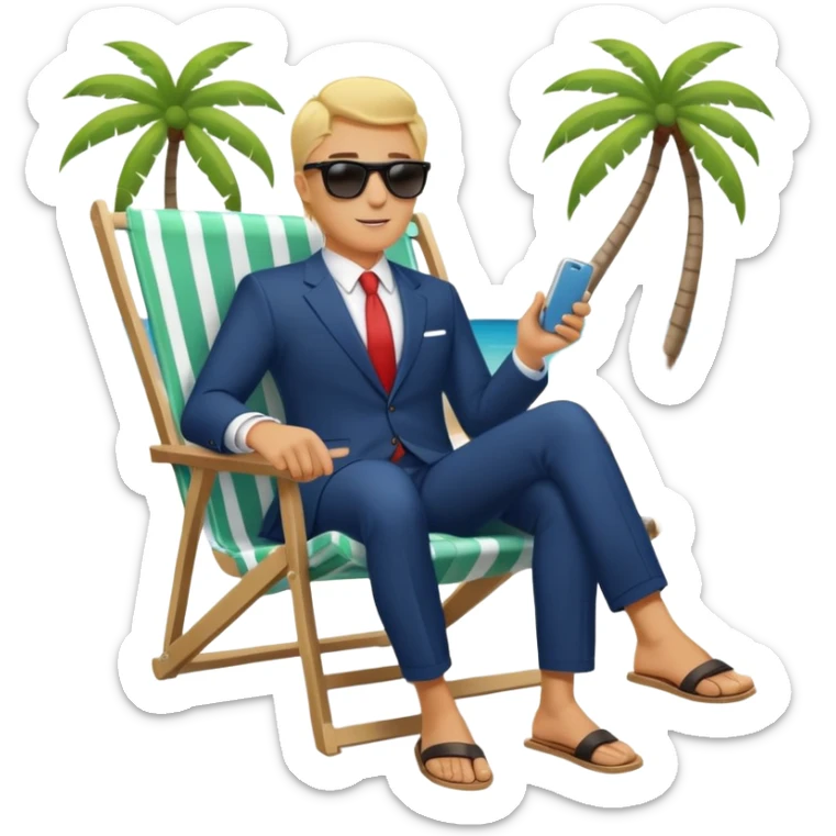 blonde businessman in suit sitting in beach chair on vacation, tropical beach sticker